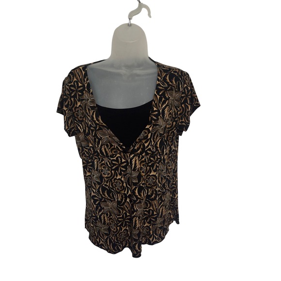 Tops - Y2K Womens Tan Black Floral Layered Look V-Neck Short Sleeve Blouse Top Size S